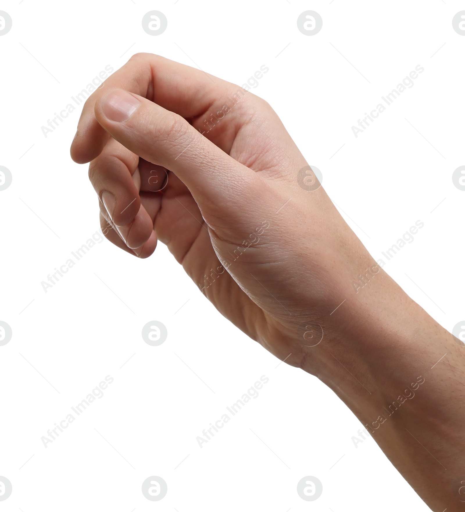 Photo of Man holding something in hand on white background, closeup