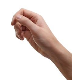 Man holding something in hand on white background, closeup