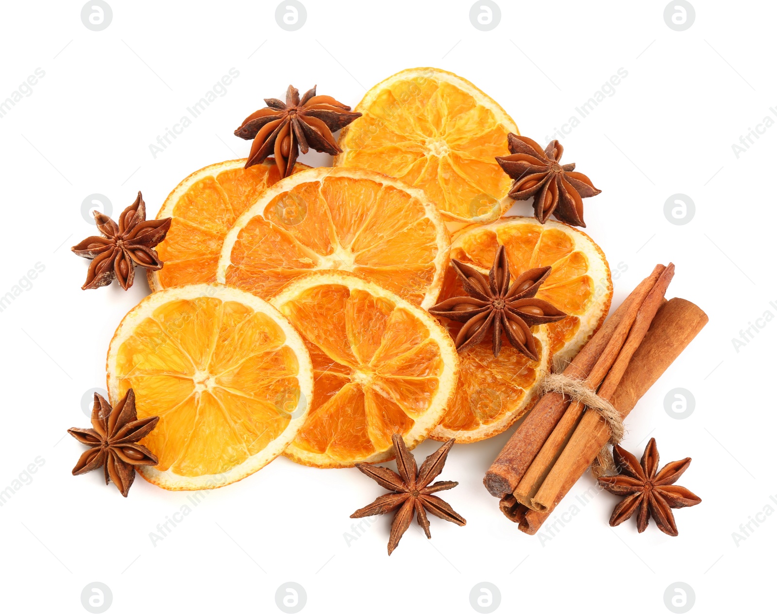 Photo of Dry orange slices, cinnamon sticks and anise stars isolated on white, top view