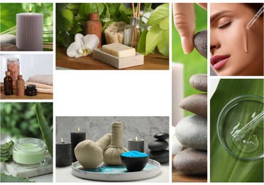 Image of Spa treatment, collage. Photo of beautiful woman applying serum, different supplies and products. Space for text