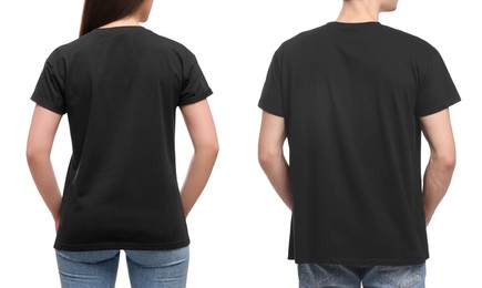 Image of People wearing black t-shirts on white background, back view. Mockup for design