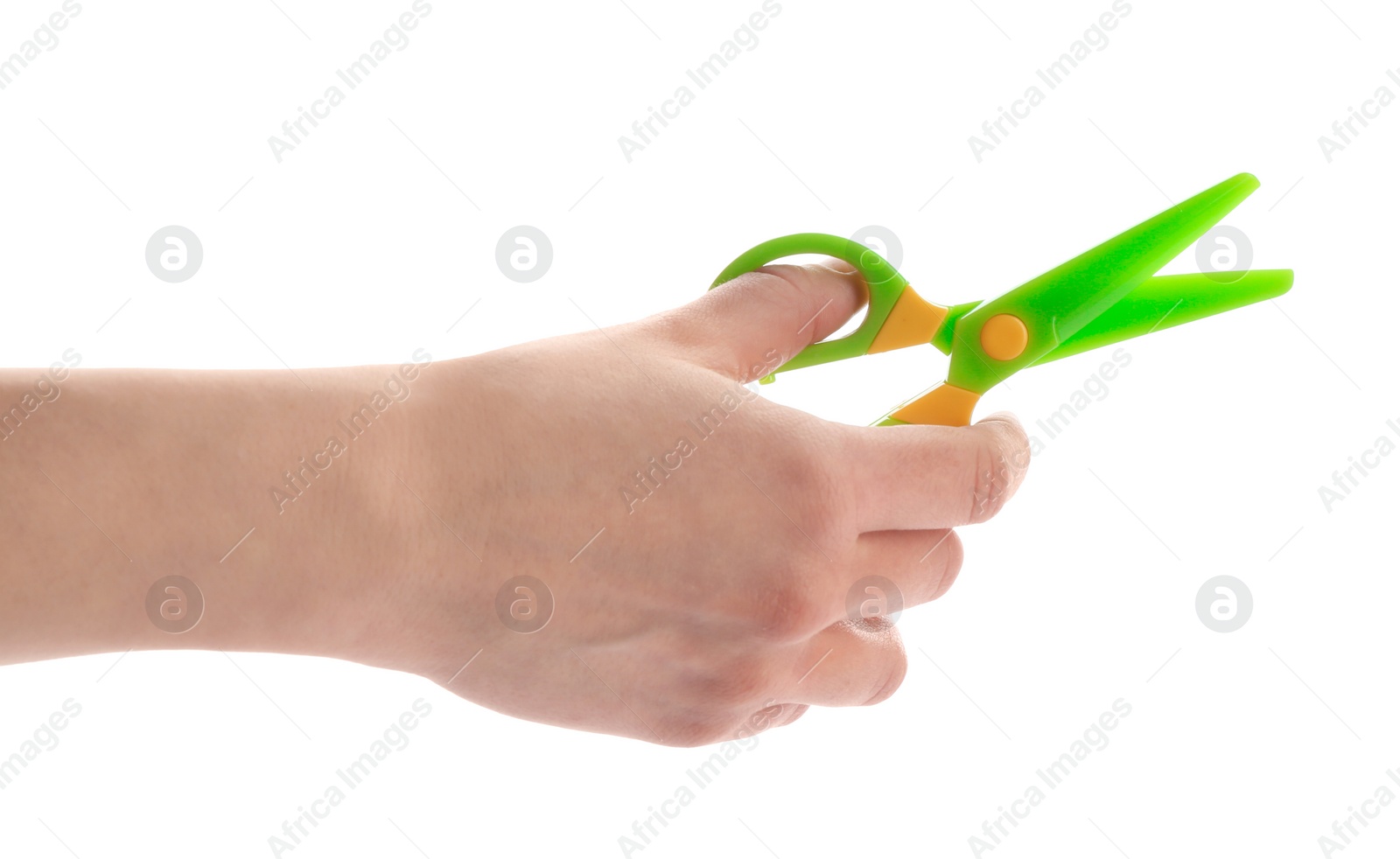 Photo of Woman holding colorful plastic scissors on white background, closeup