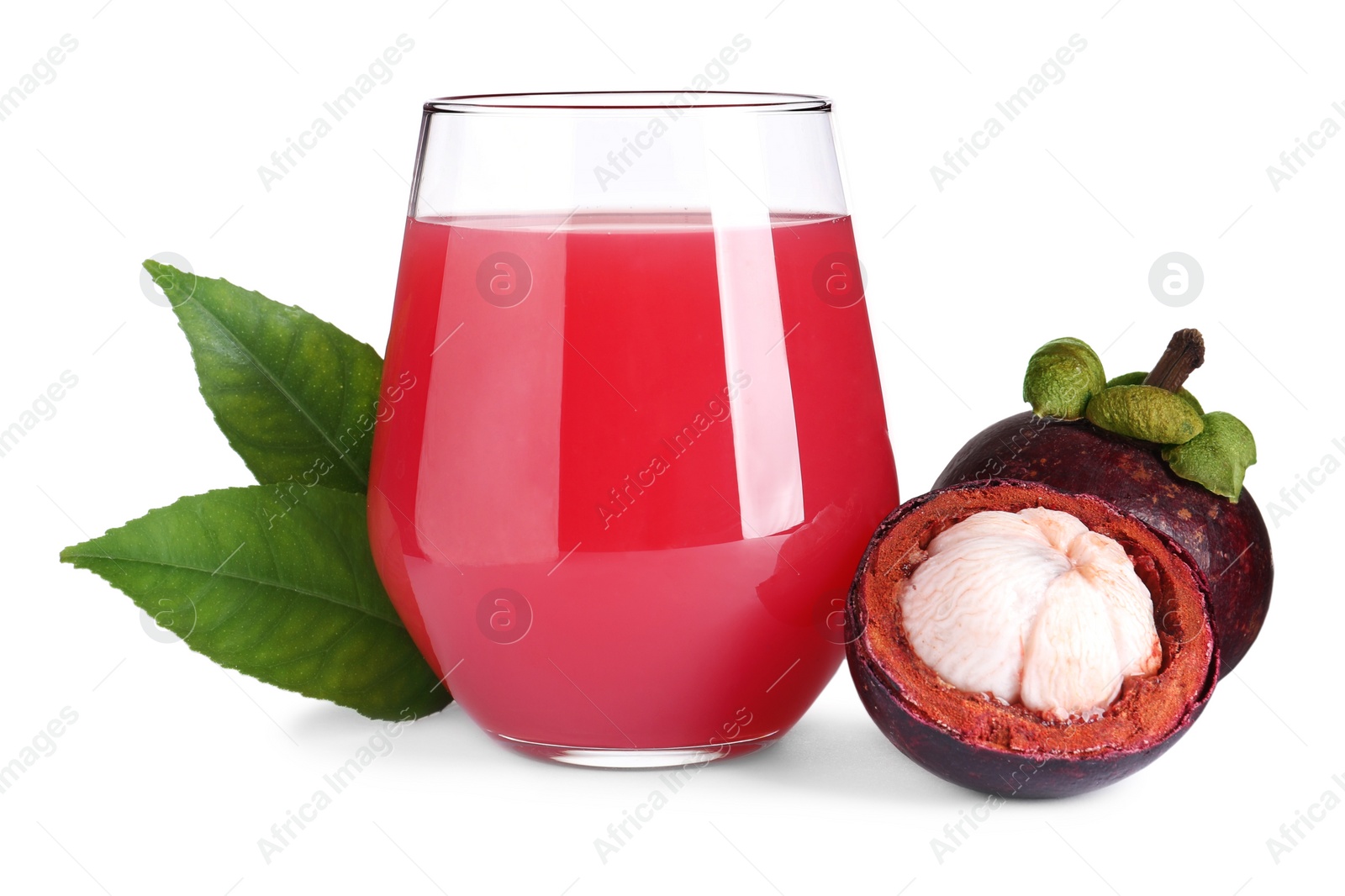 Photo of Delicious mangosteen juice and fresh fruits on white background