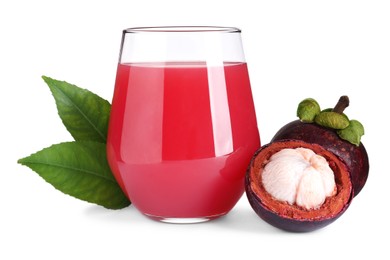 Photo of Delicious mangosteen juice and fresh fruits on white background