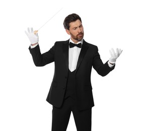 Professional conductor with baton on white background