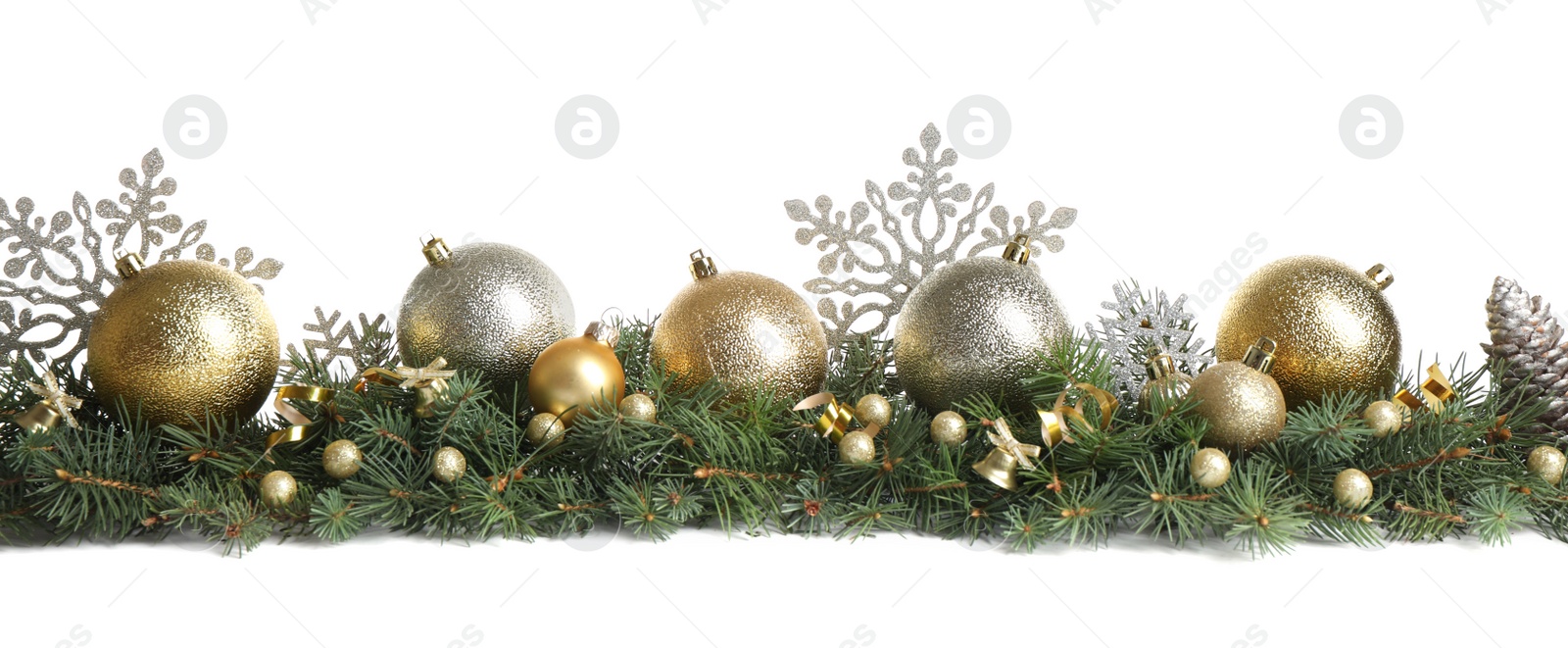 Photo of Fir tree branches with Christmas decoration on white background