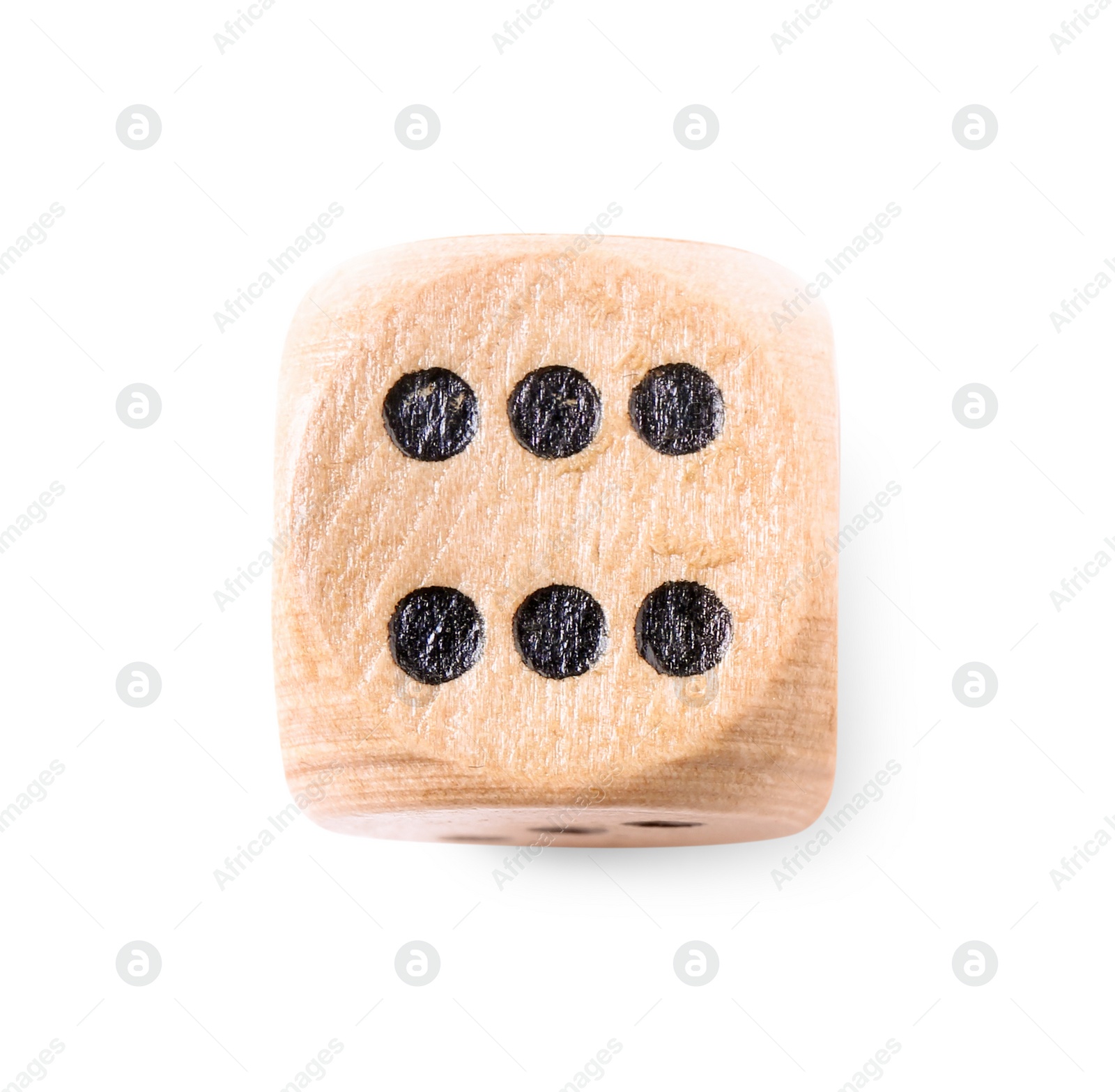 Photo of One wooden game dice isolated on white, top view