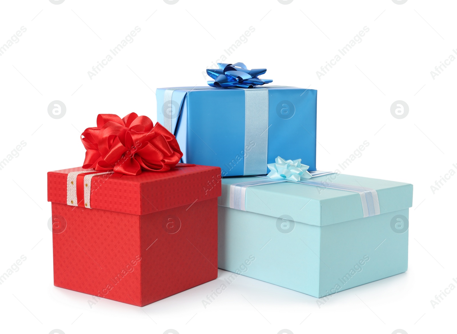 Photo of Colorful gift boxes with bows on white background