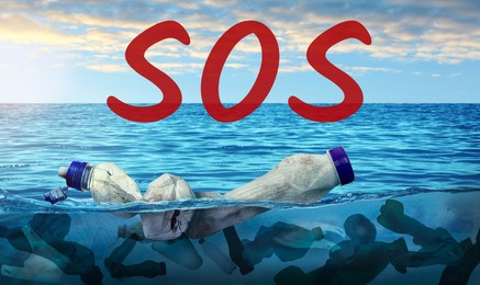 Image of Word SOS and plastic garbage in ocean. Marine pollution