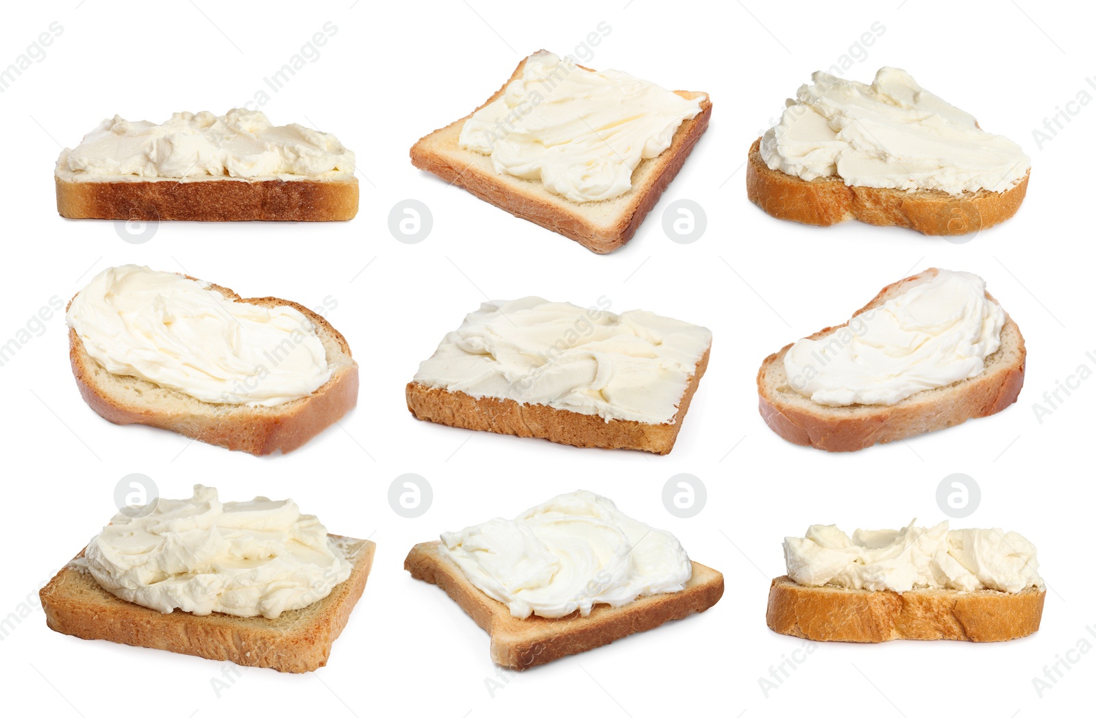 Image of Toasted bread with tasty cream cheese on white background, collage