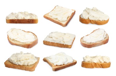 Image of Toasted bread with tasty cream cheese on white background, collage