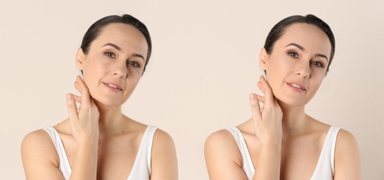 Image of Photo before and after retouch, collage. Portrait of beautiful mature woman on beige background, banner design