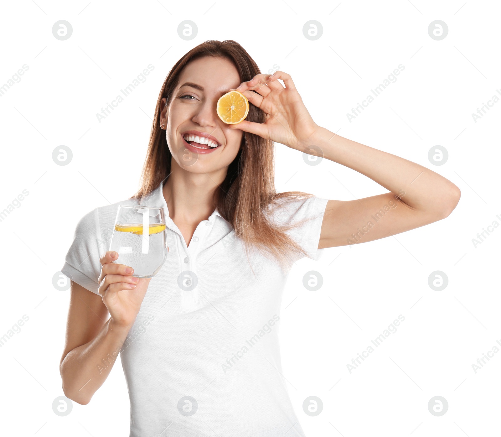 Photo of Young woman with glass of lemon water on white background