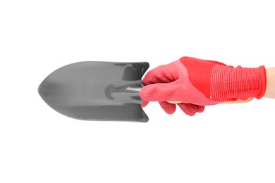 Photo of Woman in gardening glove holding trowel on white background, closeup