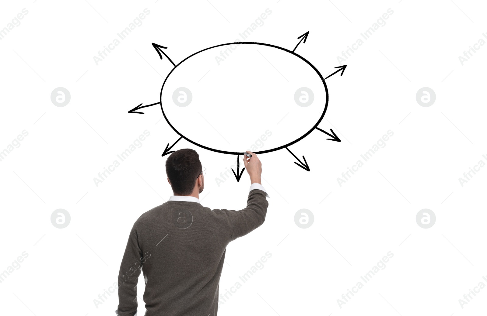 Image of Logic. Man drawing oval to make diagram on white background, back view