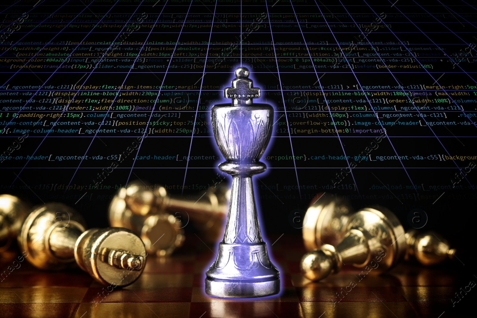 Image of Chess piece among fallen ones on board against programming code