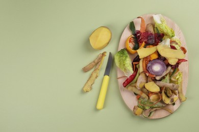 Peels of fresh vegetables and knife on light green background, flat lay. Space for text