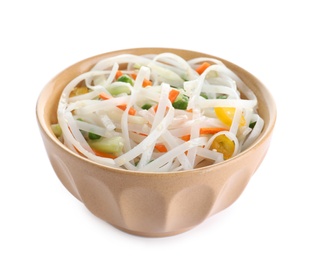 Photo of Bowl of rice noodles with vegetables isolated on white