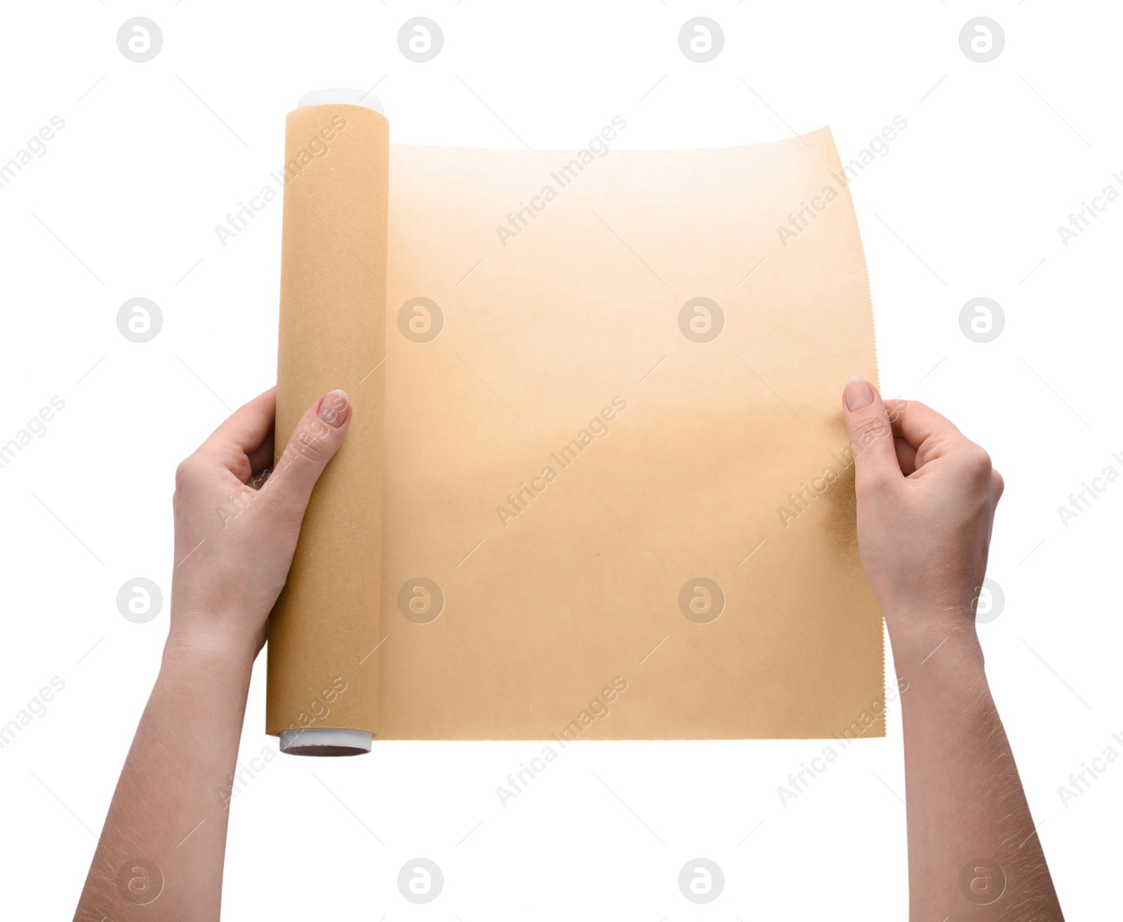 Photo of Woman holding baking paper on white background, closeup