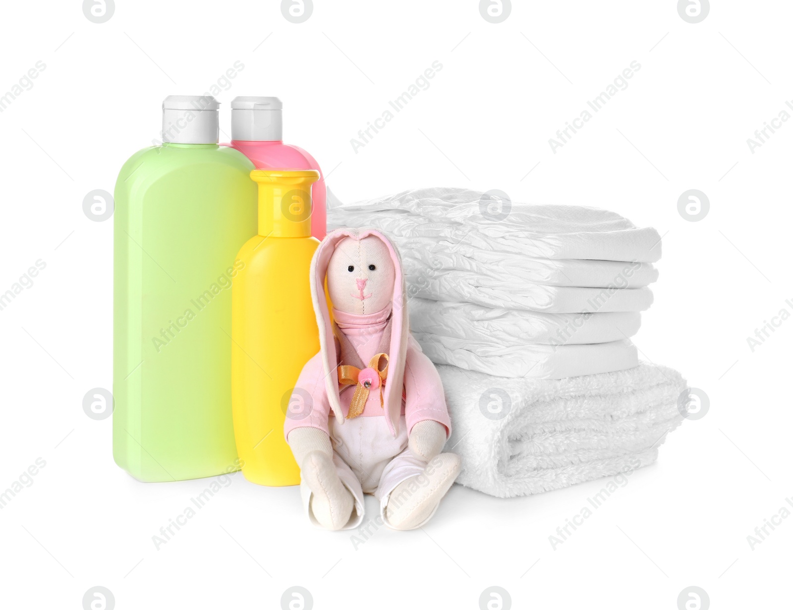 Photo of Set of baby accessories on white background