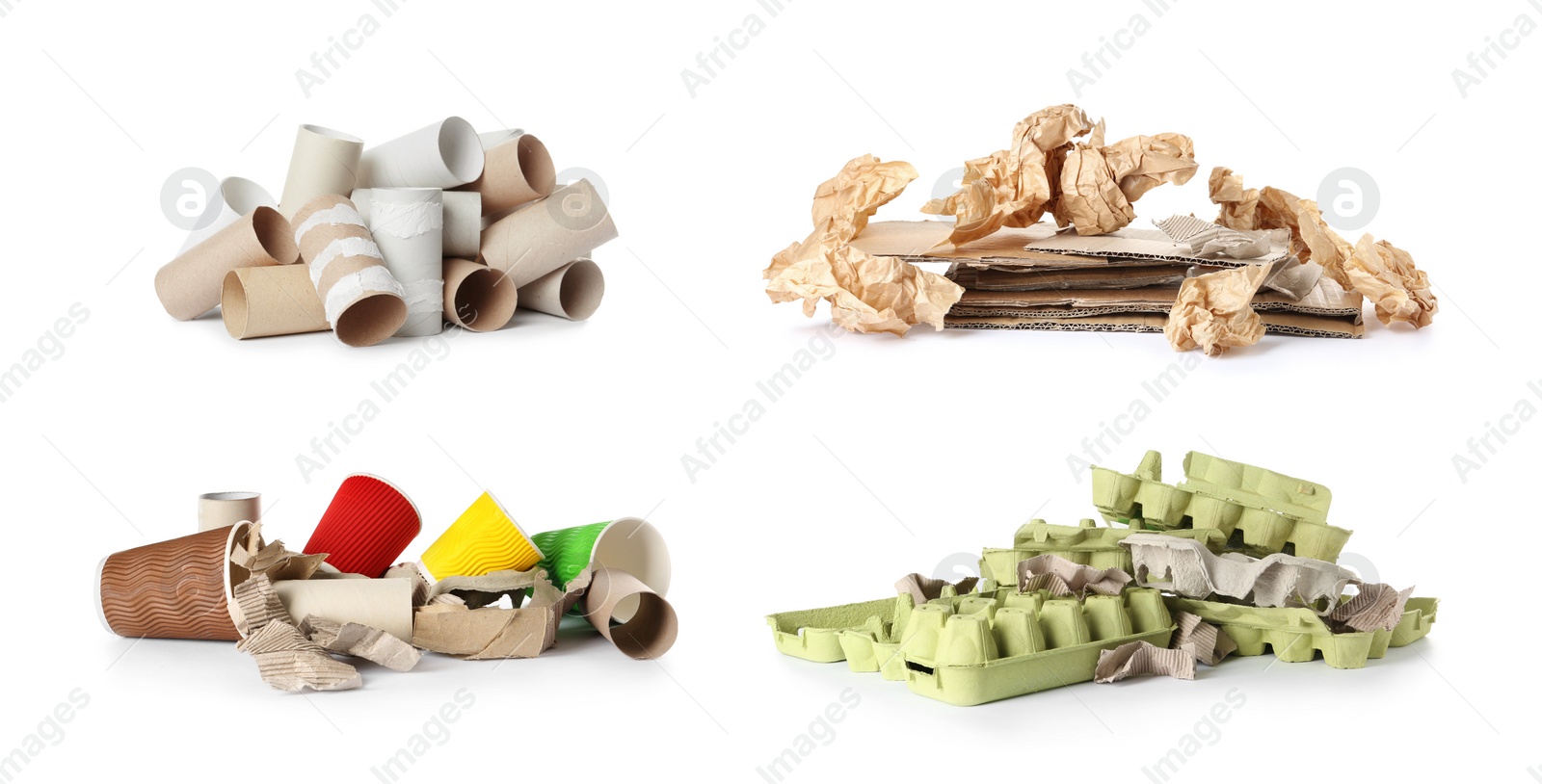 Image of Set of piles with different garbage on white background. Waste management and recycling