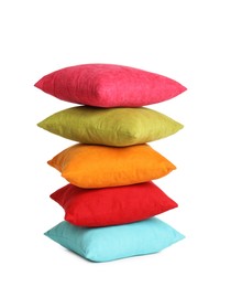 Photo of Stack of colorful decorative pillows on white background