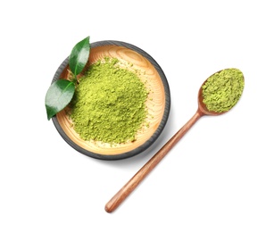 Photo of Composition with matcha tea on light background