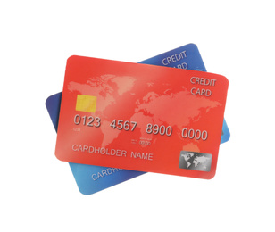 Photo of Different plastic credit cards on white background