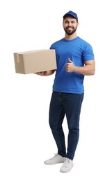 Photo of Happy courier with parcel showing thumb up on white background