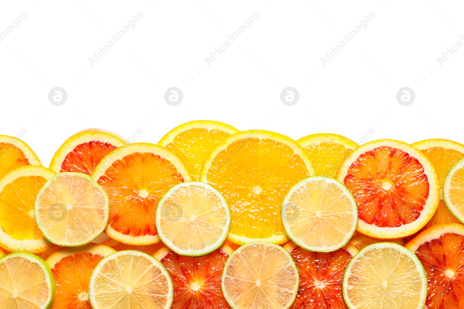 Photo of Different citrus fruits on white background , top view