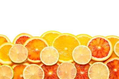 Different citrus fruits on white background , top view