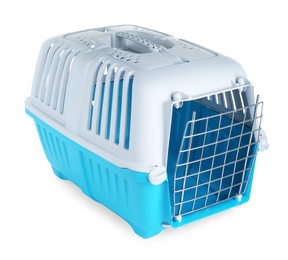 Light blue pet carrier isolated on white