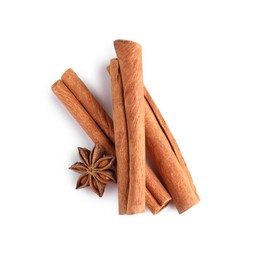 Cinnamon sticks and anise star isolated on white, top view