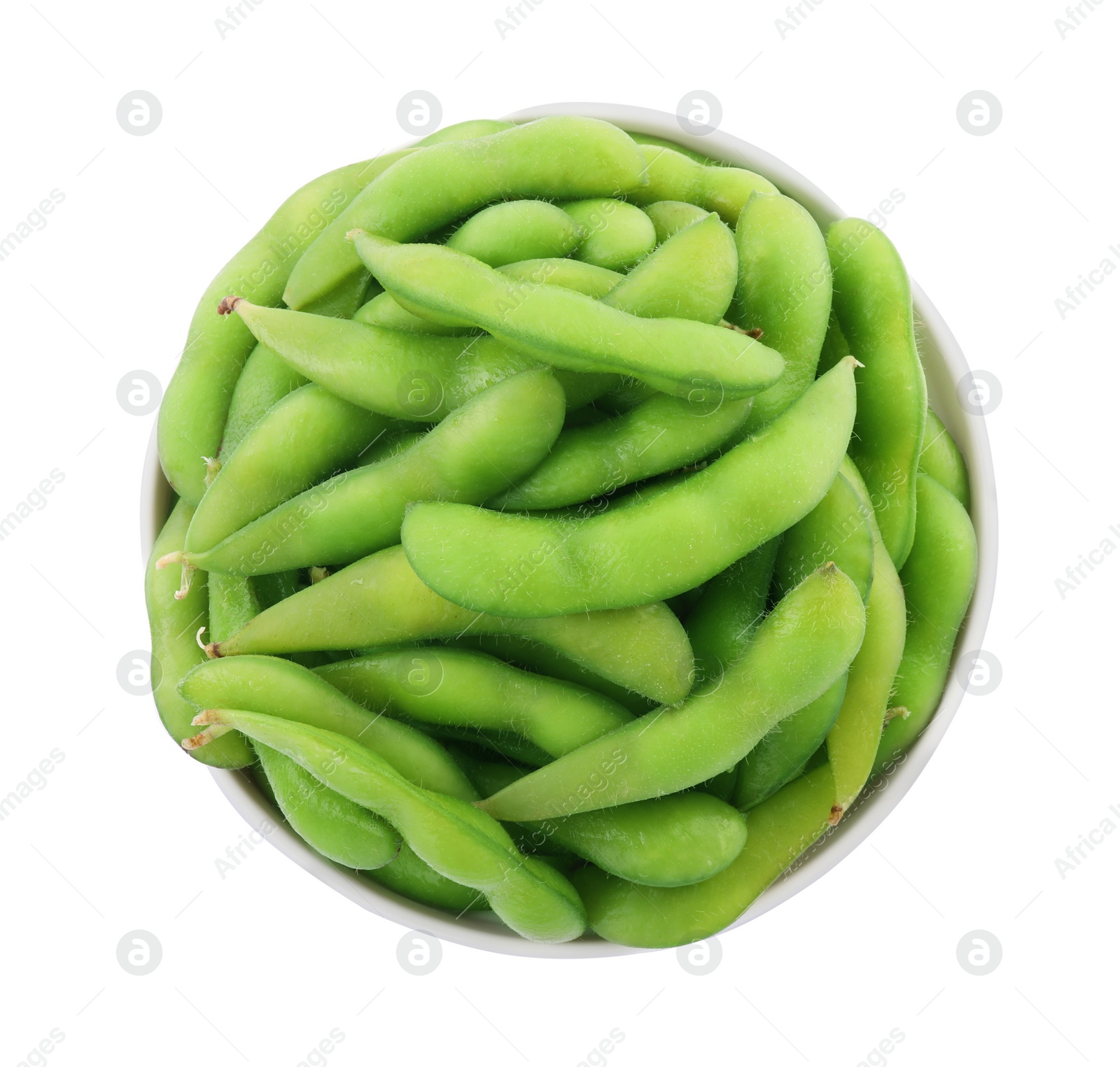 Photo of Bowl with green edamame pods on white background, top view