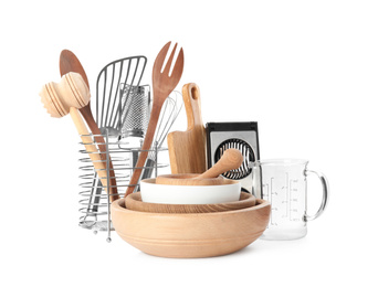 Photo of Set of different cooking utensils and dishes on white background