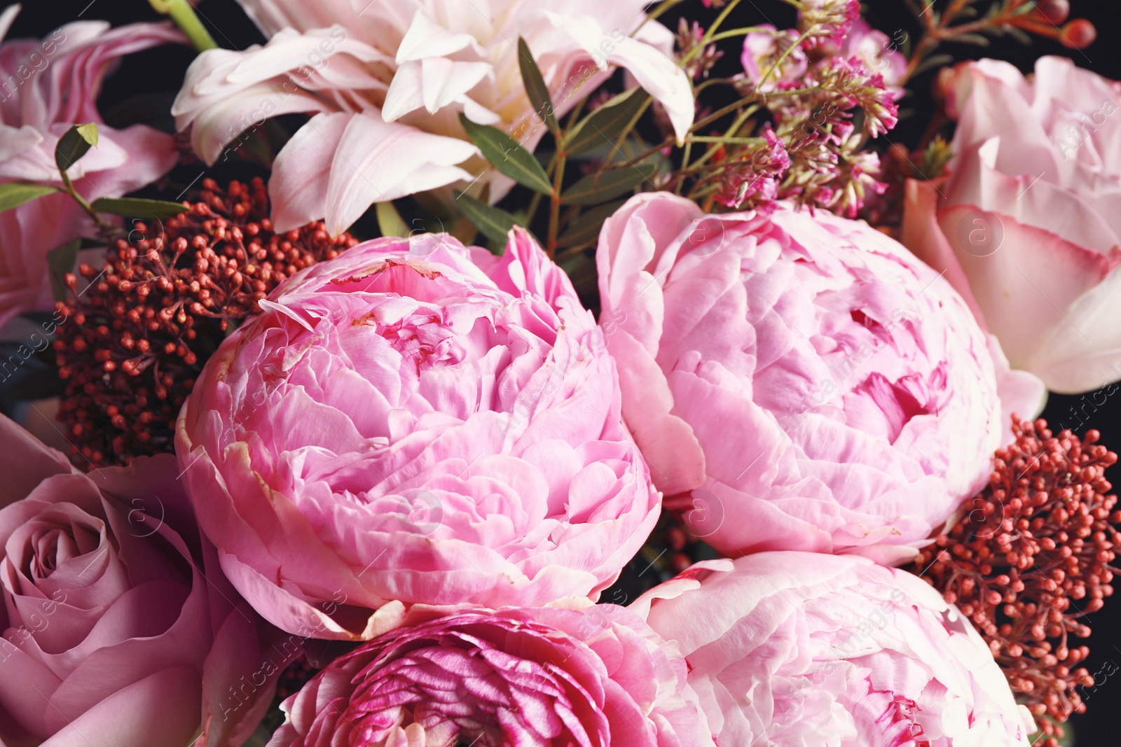 Photo of Beautiful fresh bouquet as background, closeup. Floral decor