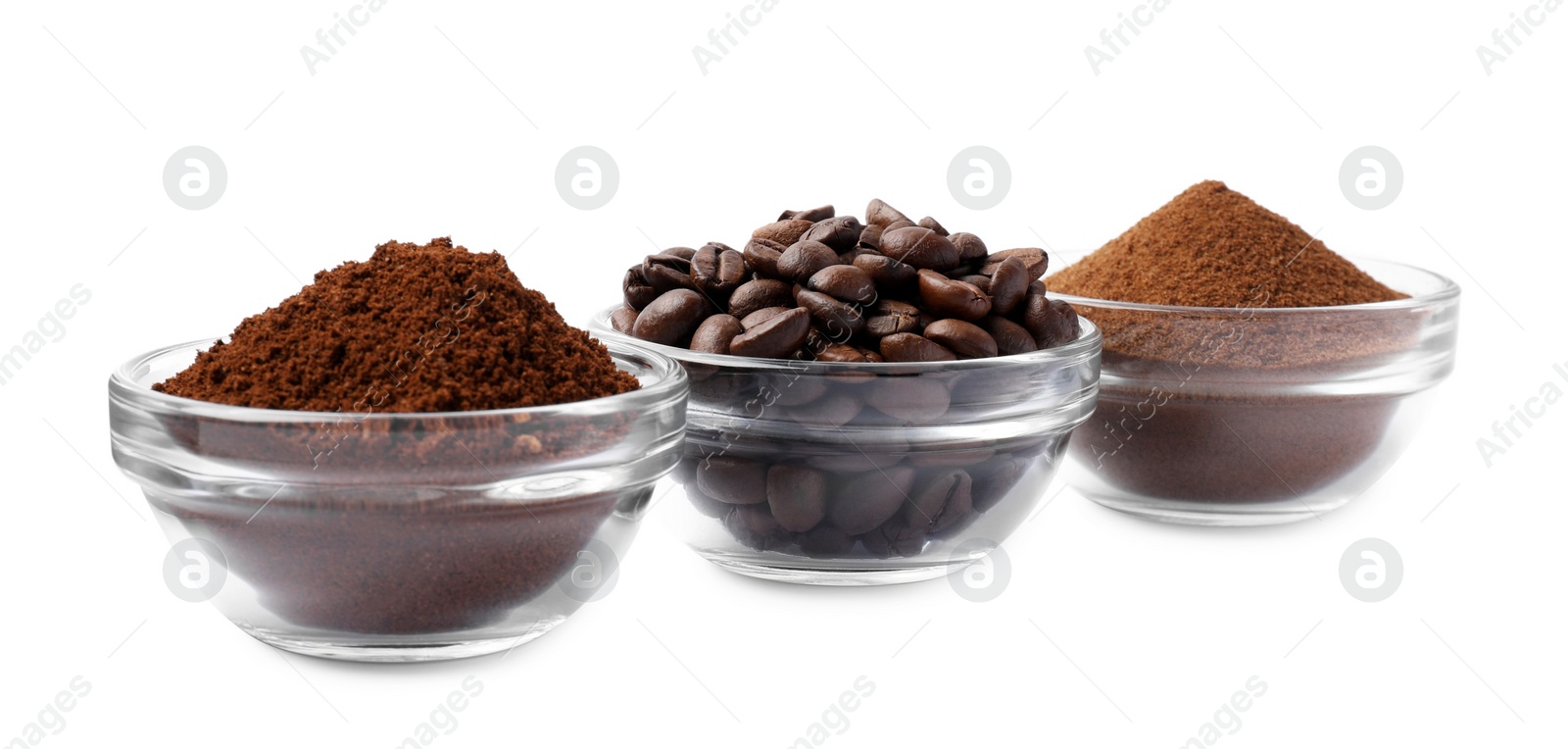 Photo of Bowls with different types of coffee on white background