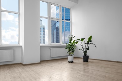 Empty renovated room with potted houseplants and windows