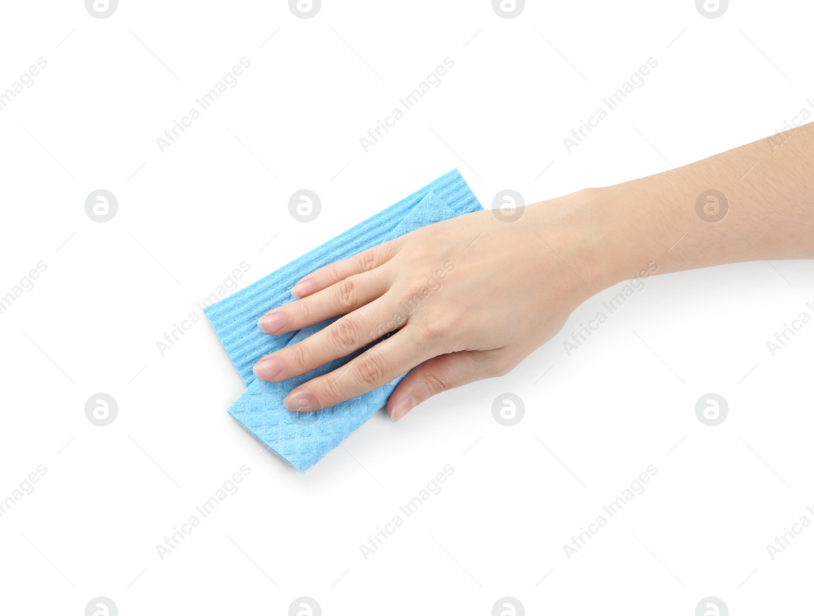 Photo of Woman with rag on white background, closeup of hand