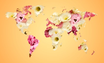 World map made of beautiful flowers on pale orange background, banner design