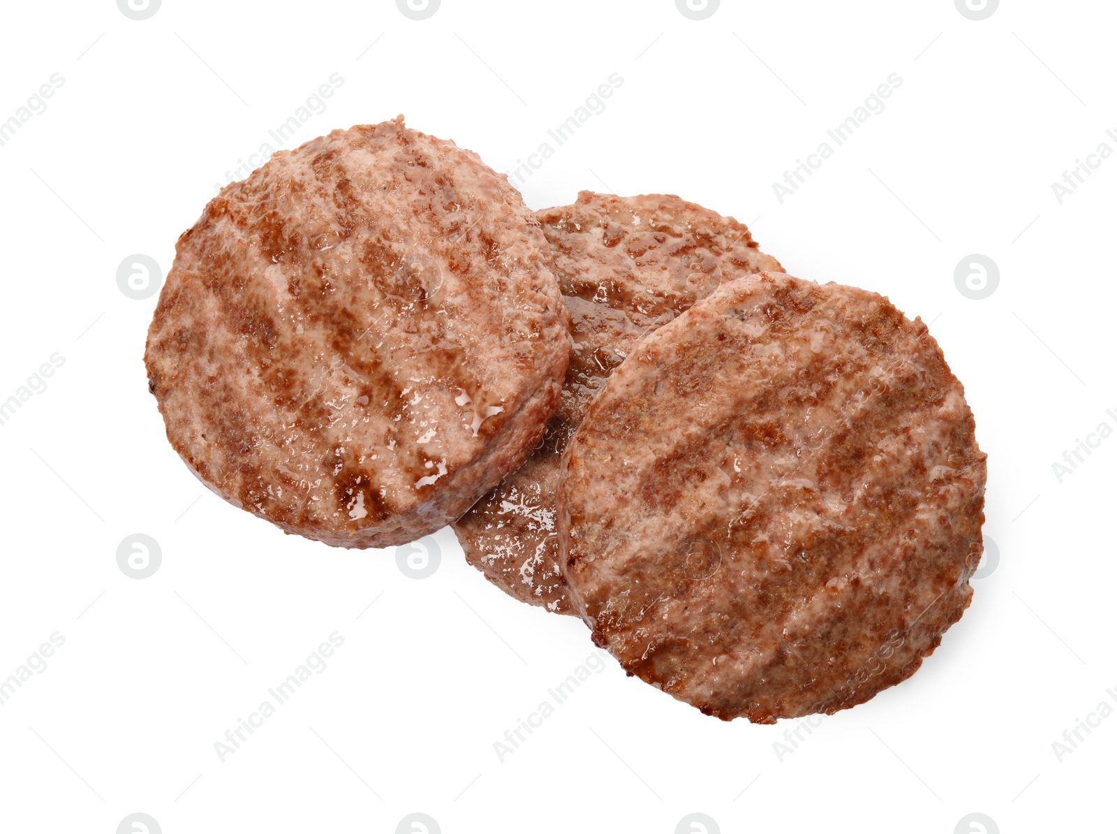 Photo of Tasty grilled hamburger patties on white background, top view