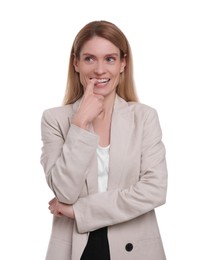 Photo of Portrait of beautiful happy businesswoman on white background