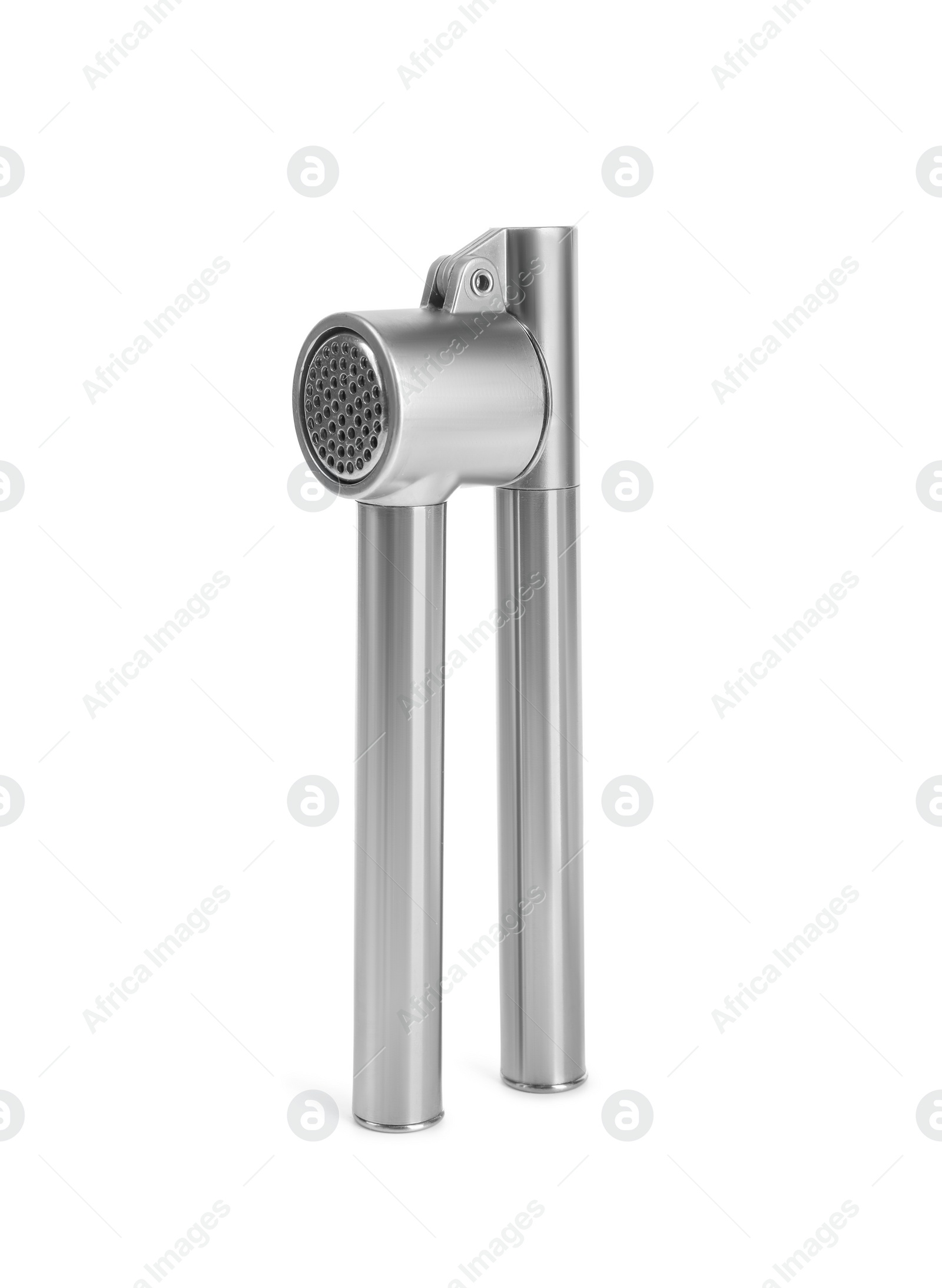 Photo of One metal garlic press isolated on white