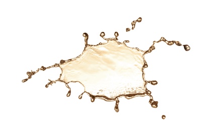 Photo of Splash of beige liquid on white background