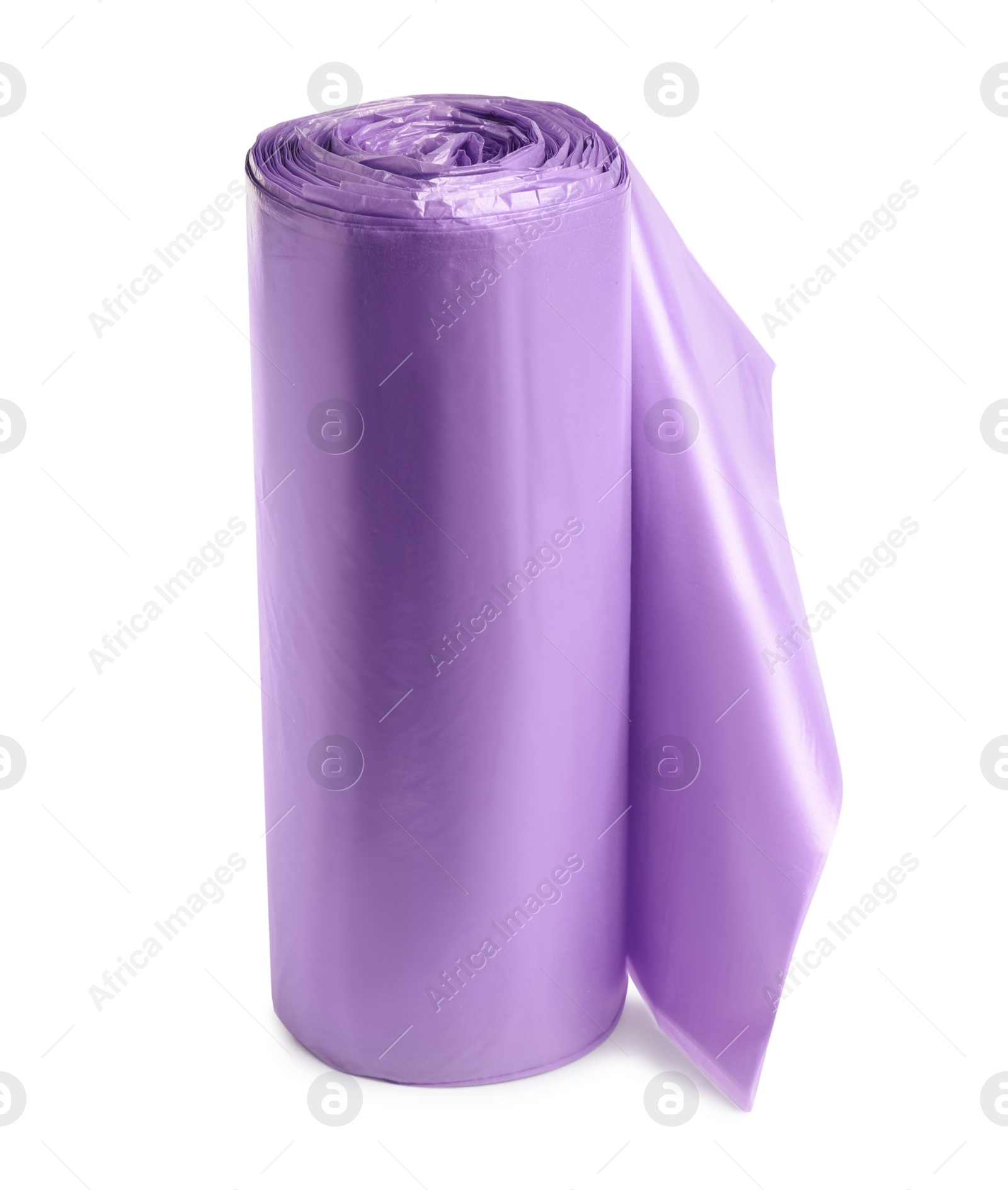 Photo of Roll of violet garbage bags on white background. Cleaning supplies