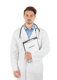 Male doctor holding clipboard with word UROLOGY on white background