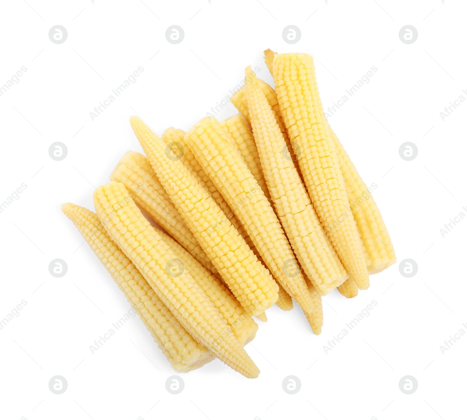 Photo of Fresh baby corn cobs on white background, top view