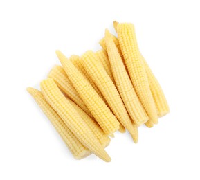 Photo of Fresh baby corn cobs on white background, top view