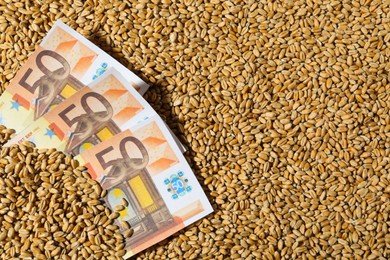 Photo of Wheat grains with euro banknotes, top view. Global food crisis concept