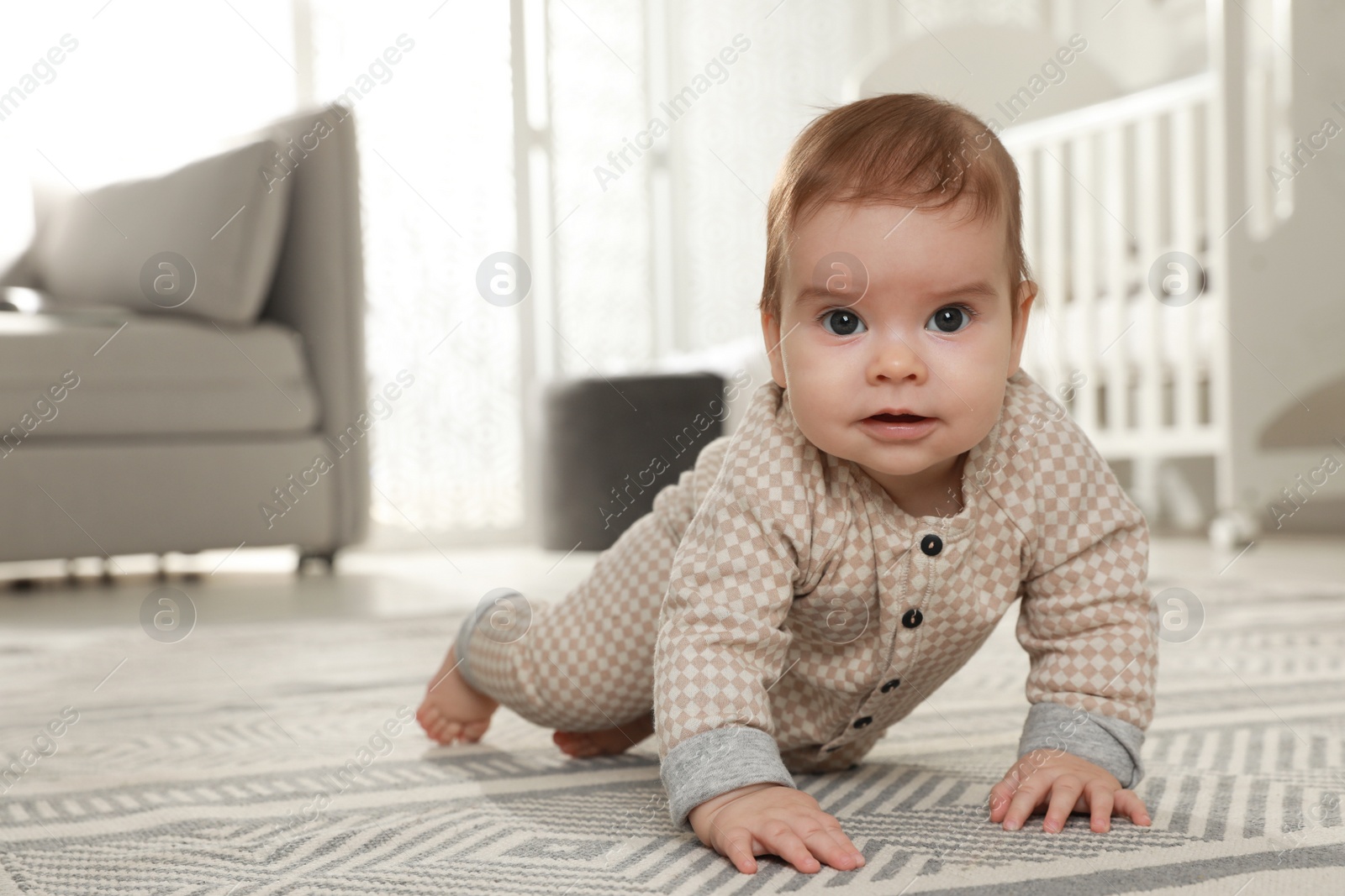 Photo of Cute baby crawling on floor at home